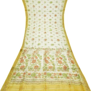 Saris Namaste Vintage Crema 100% Pura Seda Estampado Floral Sari 5YD Tela Artesanal - Imagen 1 de 6