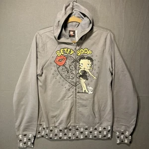 Betty Boop Sweatshirt Hoodie Girl’s L Grey Full Zip Pudgy Heart Graphic Print - Picture 1 of 9