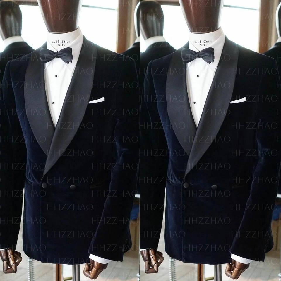 Trajes de terciopelo azul marino para hombre chal de doble pecho solapa boda novio esmoquin Foto 1 de 4