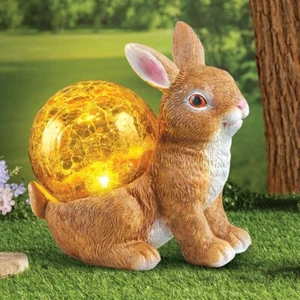 Solar Powered Crackled Glass Gazing Ball Bunny Rabbit Garden Statue - Picture 1 of 1