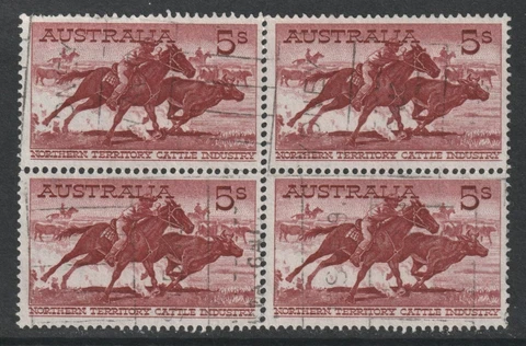 Australia - 1961 5s Red-brown Stockman Block of 4 Used   (Ref: 266) Cover