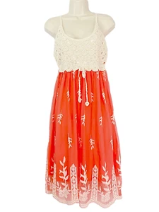 NWT coral sundress, white crochet embroidered boho vintage style orange M - Picture 1 of 11