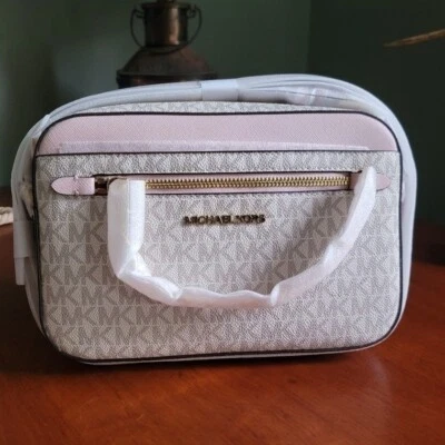 Bolso Bandolera Michael Kors Jet Set Grande Logo Rosa Blanco Gris Lona Recubierta Nuevo con Etiquetas Foto 1 de 4