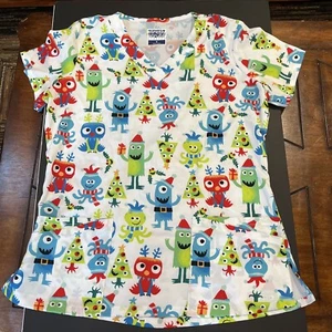 Strictly Scrubs Stretch Monster Christmas Print V-Neck Scrub Top Sz Small 4 Poc - Picture 1 of 4