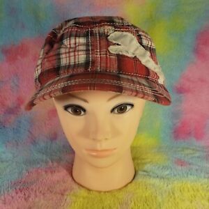 Plaid Puma Hat Womens Red Military Style Cap Strap Back Stained Brow Inside