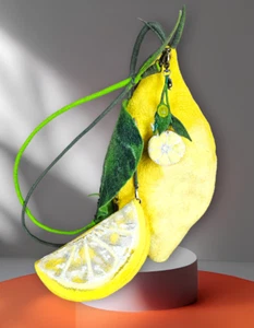 LEMON Cross Body Bag Purse Wallet Wool Art Felted Purse 3D Sculpture Keychain - Picture 1 of 16