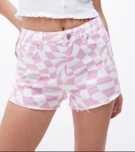 PacSun Pink Checkerboard High Waisted Denim Festival Shorts - Picture 1 of 6