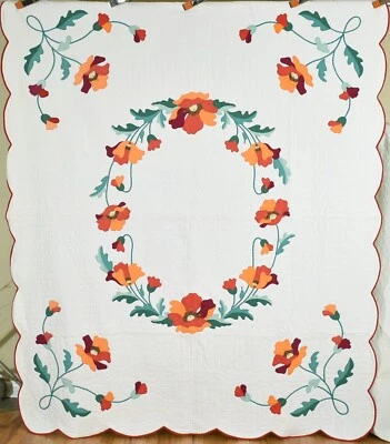 VIBRANT Vintage 30's Red, Green & Cheddar Poppy Applique Antique Quilt! - Image 1 of 4