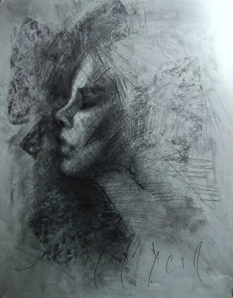Retrato figurativo arte fantasía abstracto perfil femenino dibujo carbón original Foto 1 de 1
