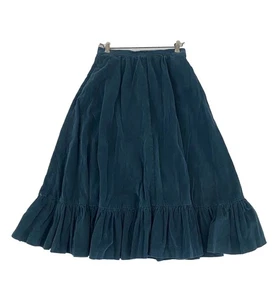 VTG 80s Corduroy S Midi Skirt Prairie Cottagecore Frontier Pockets Green Ruffle - Picture 1 of 6