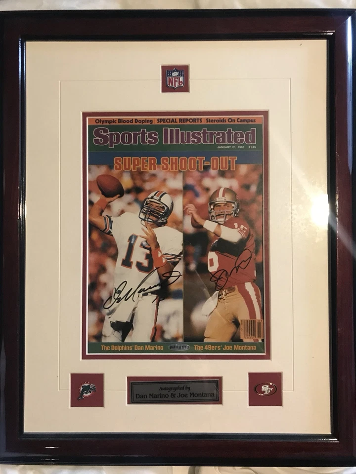 Revista Sports Illustrated 1985 firmada por Dan Marino/Joe Montana sin etiqueta casi nueva+ JSA Foto 1 de 2