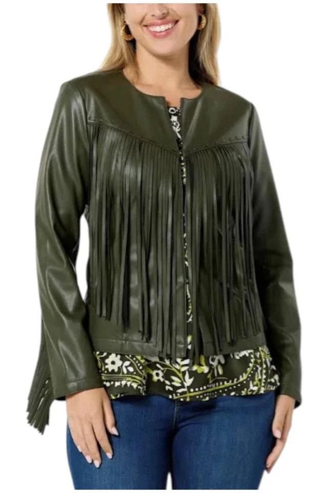 Chaqueta con flecos de cuero sintético verde Colleen Lopez para mujer Foto 1 de 1