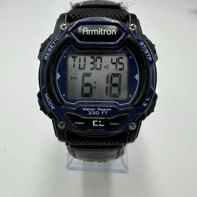 Armitron Digital Watch Men Black Blue Round Case Nylon Strap Band New Battery - image 1 of 4
