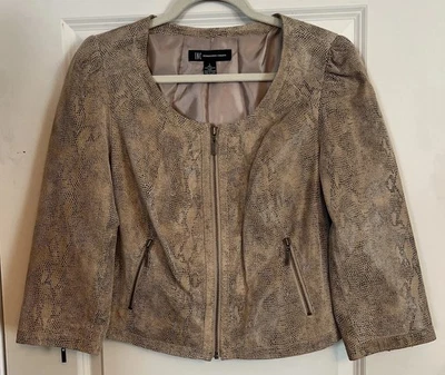 INC Women’s Tan Snakeskin Print 100% Leather Zip Jacket 3/4 Zip Sleeves  Large - Image 1 of 4