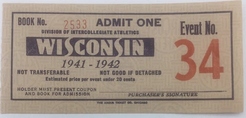WWII 1941-1942 University of Wisconsin Badgers Athletic Ticket Event No. 34 Cover