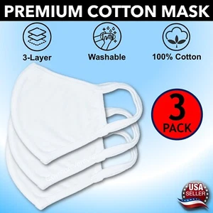 (3er Pack) Wiederverwendbare Waschbare Weiche Baumwolle Mode Gesichtsmaske Premium Erwachsene (Weiß) - Bild 1 von 4