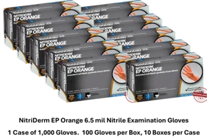Orange 6.5 mil Nitrile Gloves Case of 1,000 Gloves Extended Cuffs NitriDerm EP - Picture 1 of 2