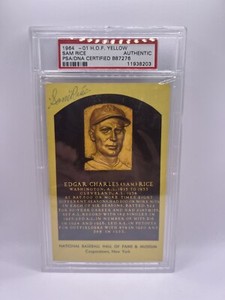 Sam Rice Signed Yellow Hall Of Fame HOF Plaque Post Card PSA/DNA Auto