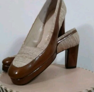 Vintage Palizzio 60s 70s Mod Stacked Platform Tweed & Brown Patent Size 7 - Picture 1 of 6