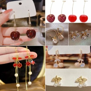 Fashion Crystal Tassel Cherry Pearl Earrings Stud Drop Dangle Jewelry Women Gift - Picture 1 of 23