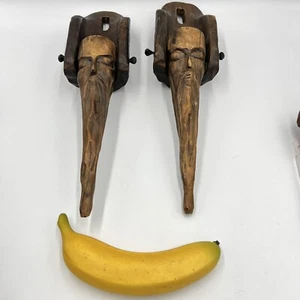 Pair of Hand-Carved Wood Spirit Sconce Candle Holders - Rustic Wall Decor Beard - Picture 1 of 9