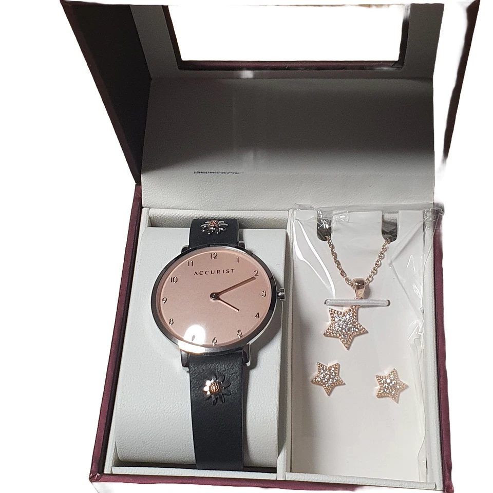 Juego de regalo de reloj y pendientes Accurist para dama 8376G correa de cuero negro oro rosa Foto 1 de 4