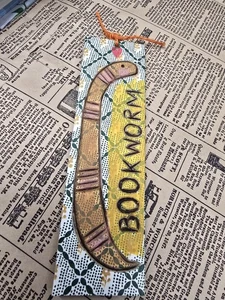 Handmade Wood Burned Bookworm Bookmark Made From Upcycled Book Cover - Bild 1 von 2