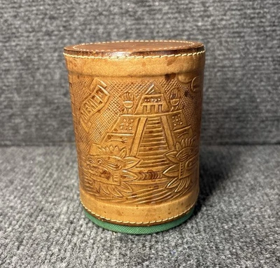 Juego de dados de póker forrado de fieltro taza de dados de cuero verde de México vintage Foto 1 de 4