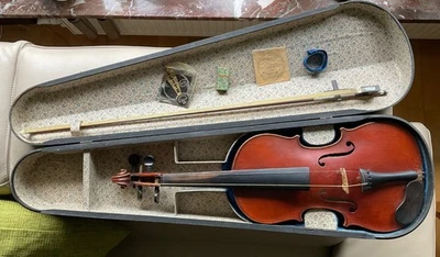 Antique violin in wooden case with bow and accessories circa 1900 for restoration - Image 1 of 4