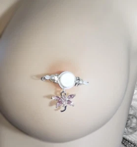 PAIR Fake Barbell-NON PIERCING nipple jewelry -Pink Glass Dragonfly- Handmade - Picture 1 of 5