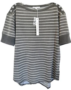 Jane & Delancey Women's Blouse Top Boat Neck Short Sleeve Size L Brown Striped - Picture 1 of 8
