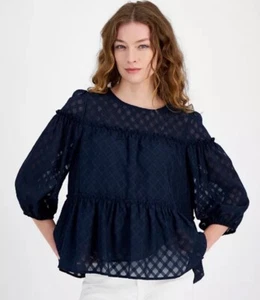 Tommy Hilfiger - Women's Lattice Clip-Dot Balloon-Sleeve Blouse - Blue - Size M - Picture 1 of 3