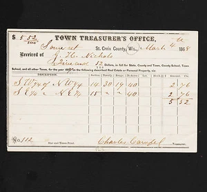 OPC 1868 Somer Set St. Croix County Wis. Town Treasurer Recibo - Imagen 1 de 2