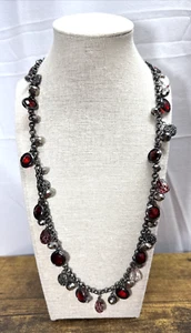 White House Black Market Necklace Red Rhinestone 36" Silver Tone Gray Accents - Picture 1 of 9