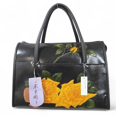 Bolso de Mano de Cuero Negro con Tallado Amarillo Rosa Mujer’s Usado Foto 1 de 4