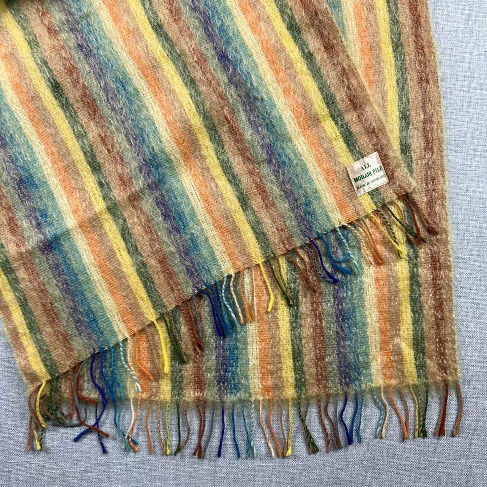 Bufanda a Rayas Mohair Escocés Vintage Multicolor Doble Ancho 19x64 Cottage Chic Foto 1 de 4