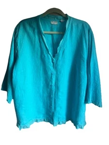 Russ Berens 100% Linen Top Turquoise Blue Beach Button Ruffle USA XL Tiny Flaw - Imagen 1 de 7