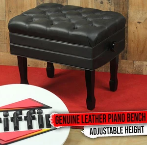 Genuine Leather Adjustable Piano Bench Seat - GRIFFIN Black Wood Keyboard Stool - Bild 1 von 15