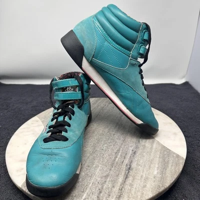 Reebok классический высоты верхний туфли женщин размер 7,5 бирюзовый кожаный ретро тренировки с подкладкой - Изображение 1 из 4