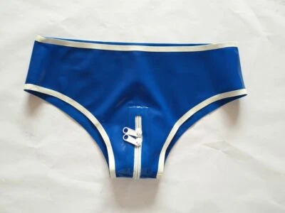 100%Latex Rubber Dunkelblaue Dreiecksshorts Pants Dekoration weiß Zip0.4mm S-XXL - Bild 1 von 4