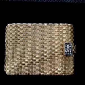 Vintage Gold Tone Basket Weave Compact With Rhinesone Clasp - Picture 1 of 6