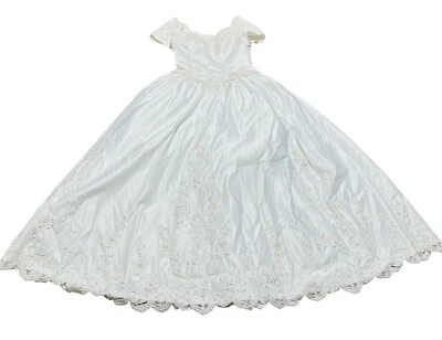 Women's Y2K Wedding Dress Vintage White Sequence Beaded Sleeved Sz12 Satin Read - Image 1 of 4