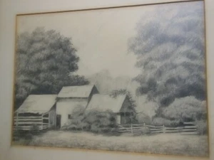 A Vintage Pencil Drawing Rural Landscape Barn Signed Grace Fitzgerald '77 - Bild 1 von 17