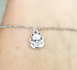 Joyería de tobillo de gato afortunado gato afortunado pulsera de plata buena suerte dije tobillas - Imagen 1 de 4