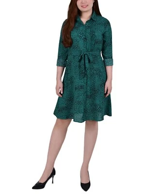 NY Collection Petite Long Sleeve Belted Shirtdress Green Cheetah PS  D186 - Image 1 of 4