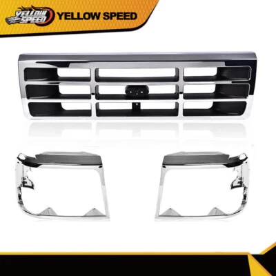 Fit For 92-96 Ford F150 F250 Bronco 1992-1996 Grille Headlight Door Chrome 3 Pcs - Image 1 of 4