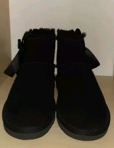 Bearpawz Amelia Suede Leather Ankle Boots Size 8 Satin Bow All Black - Picture 1 of 4