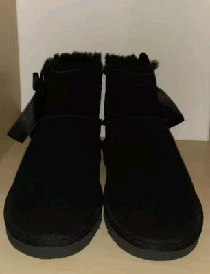 Bearpawz Amelia Suede Leather Ankle Boots Size 8 Satin Bow All Black - Image 1 of 4