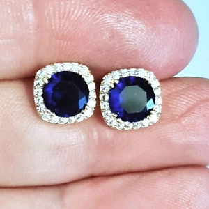 925 Silver Blue square Sapphire Crystal Stud Earrings (#20) - Picture 1 of 2