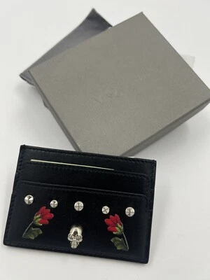 ALEXANDER MCQUEEN BLACK POPPY PRINT STUDDED LEATHER CARD HOLDER WITH SKULL - Image 1 of 4